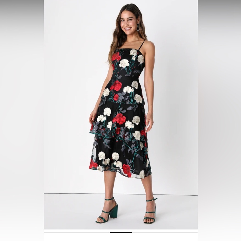 Lulus Forever Lovable Black Floral Embroidered Tiered Midi Dress - Picture 6 of 8